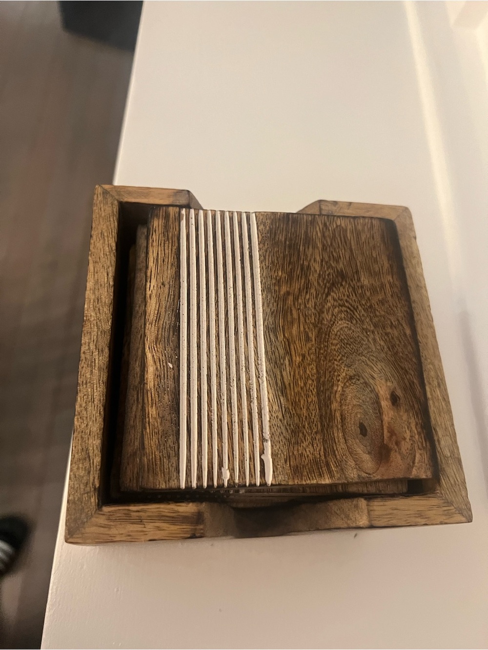 Wooden Square Coaster Set with Holder - Natural Brown set of 6